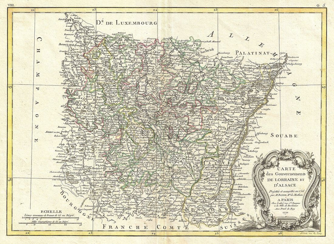 Carte des gouvernements de Lorraine et d’Alsace, gravée par Rigobert Bonne en 1771