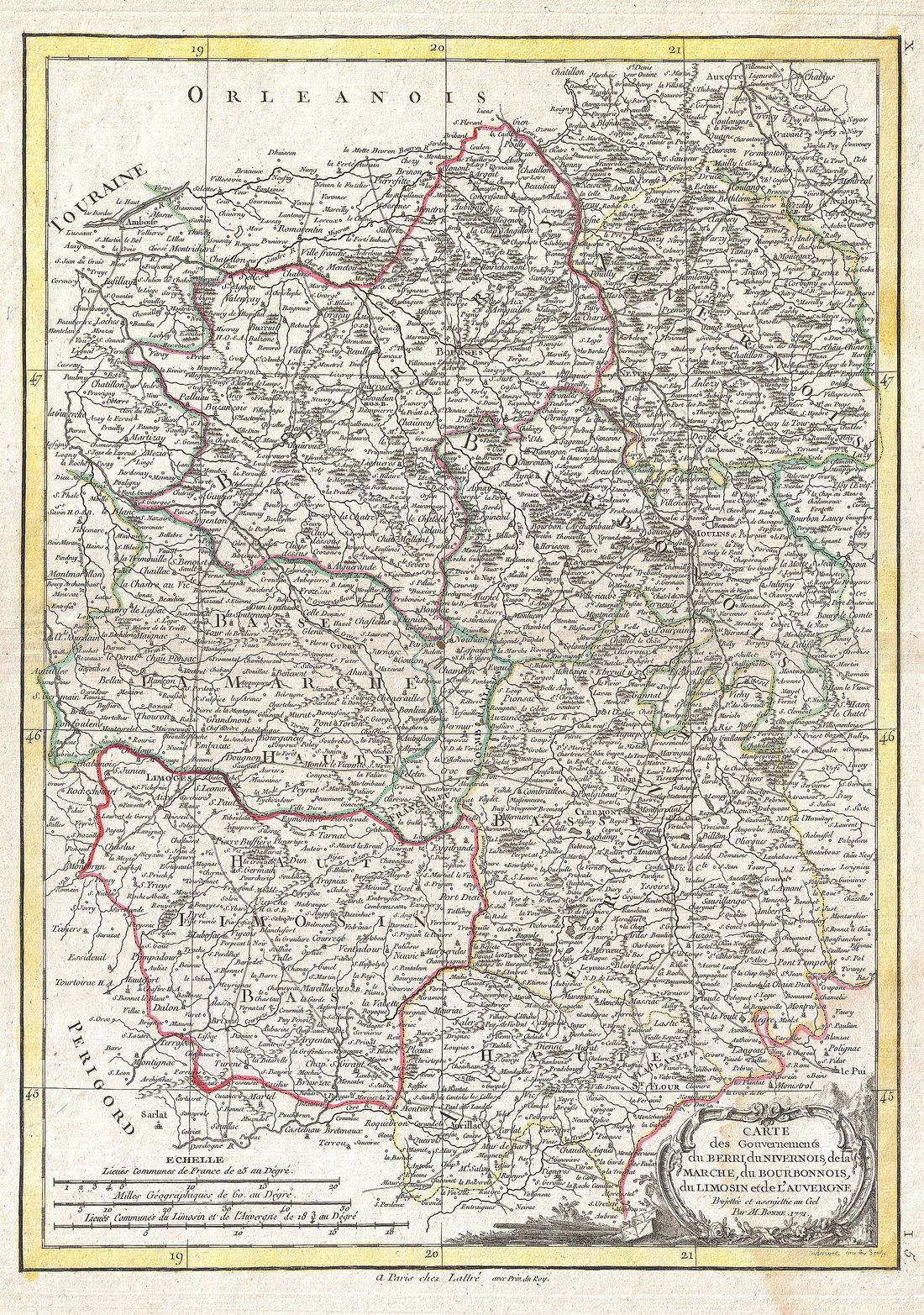 Carte des gouvernements du Berri, du Nivernois, de la Marche, du Bourbonnois, du Limosin et de l’Auvergne, gravée par Rigobert Bonne en 1771