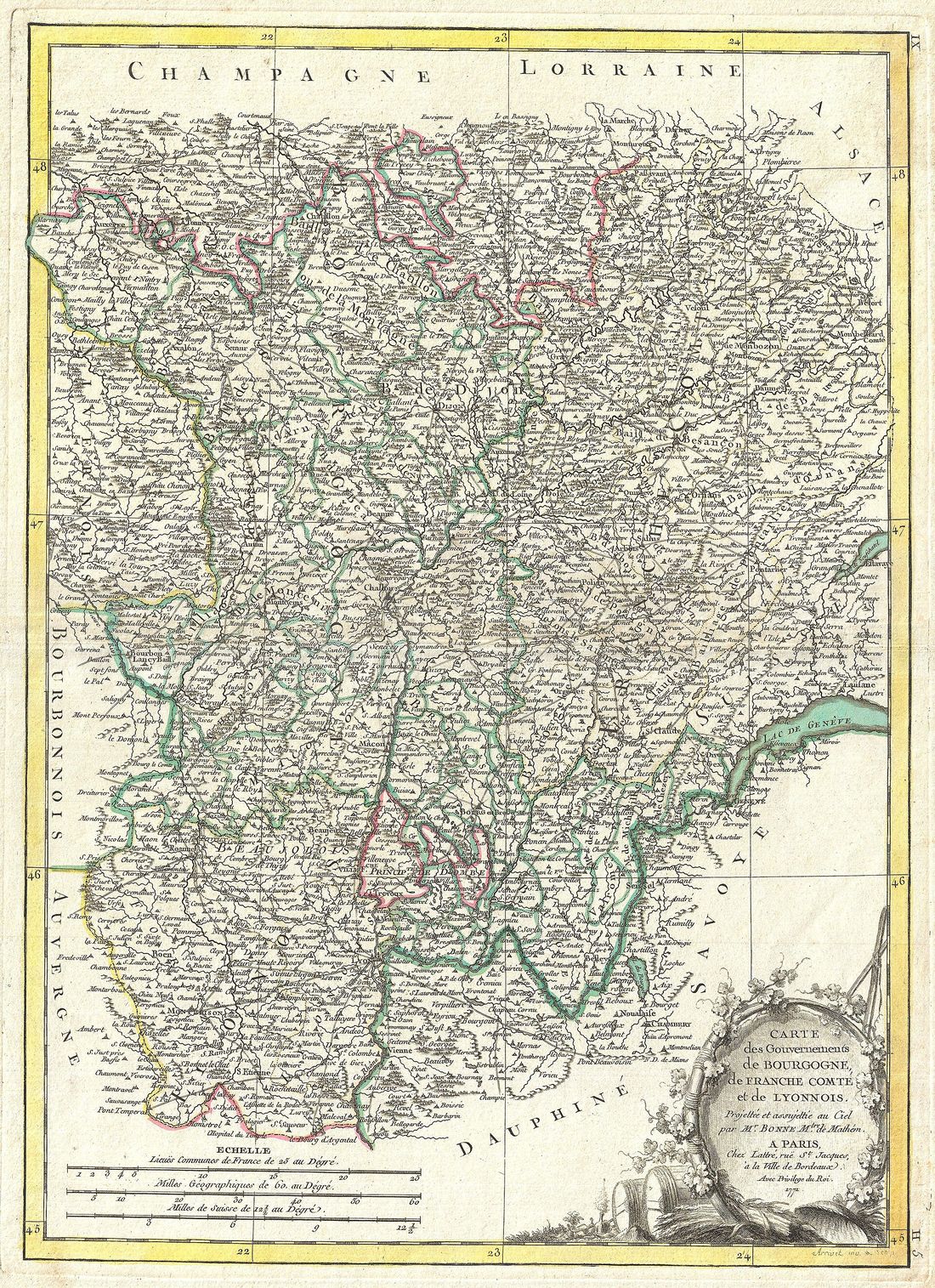 Carte des gouvernements de Bourgogne, de Franche-Comté et de Lyonnois, gravée par Rigobert Bonne en 1771