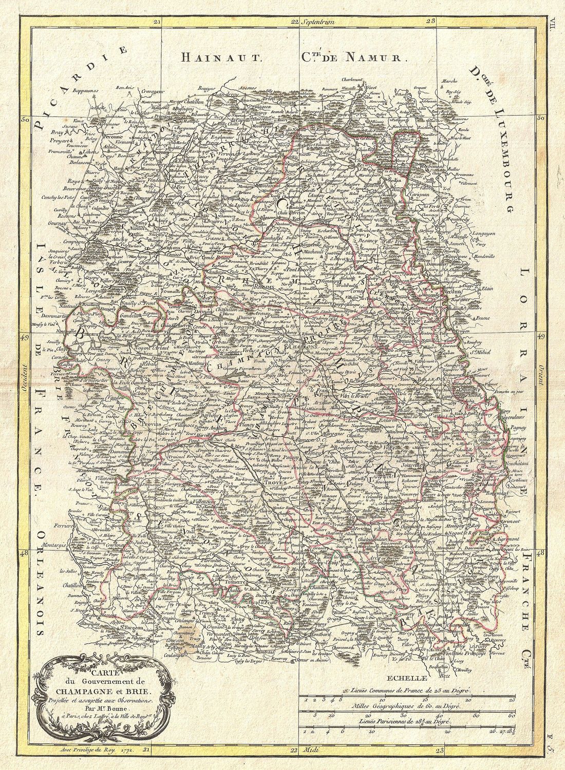 Carte du gouvernement de Champagne et Brie, gravée par Rigobert Bonne en 1771