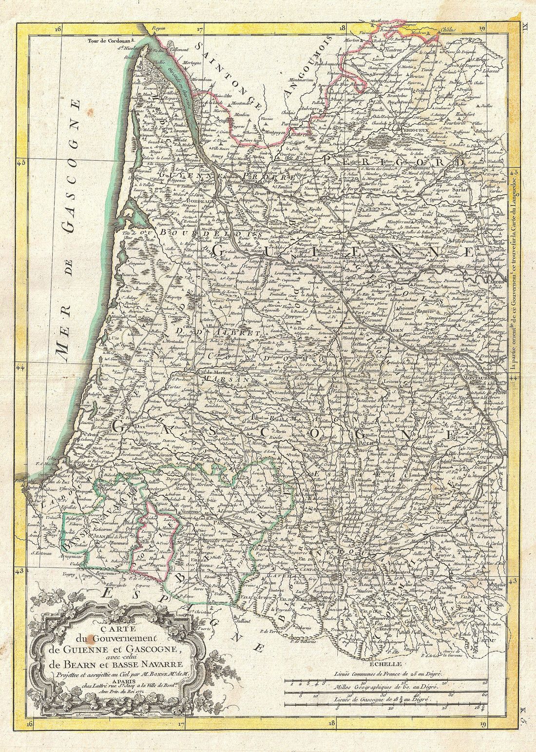 Carte des gouvernements de Guienne et Gascogne avec celui de Béarn et Basse-Navarre, gravée par Rigobert Bonne en 1771