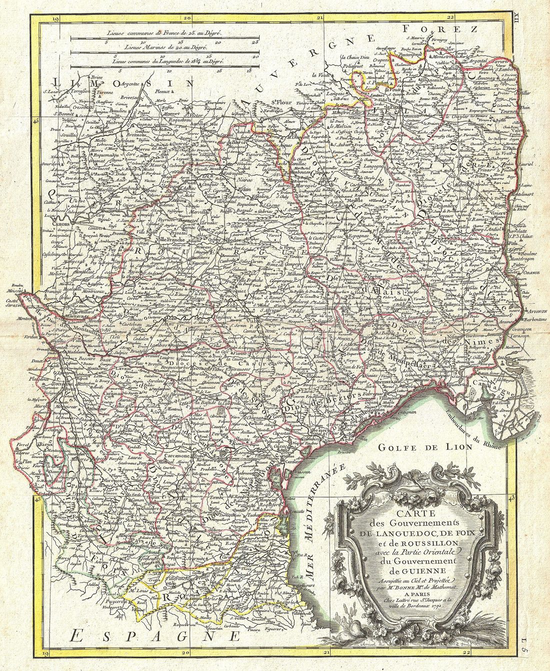 Carte des gouvernements de Languedoc, de Foix et de Roussillon, gravée par Rigobert Bonne en 1771