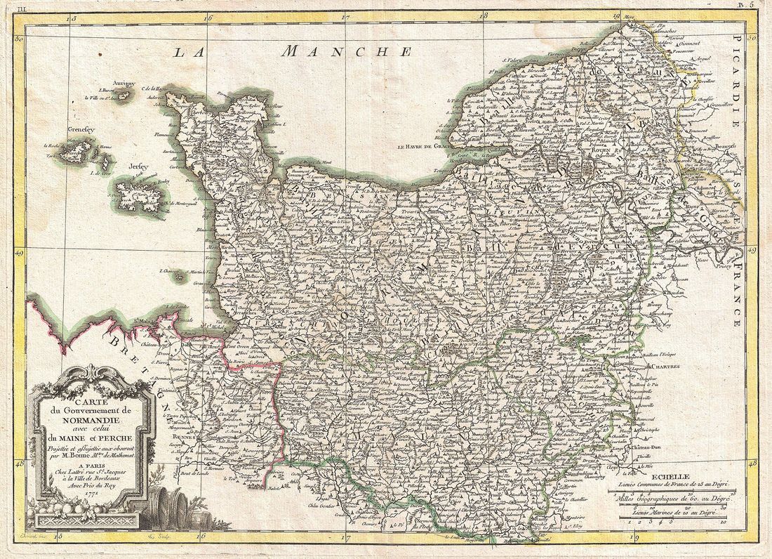 Carte du gouvernement de Normandie avec celui du Maine et Perche, gravée par Rigobert Bonne en 1771