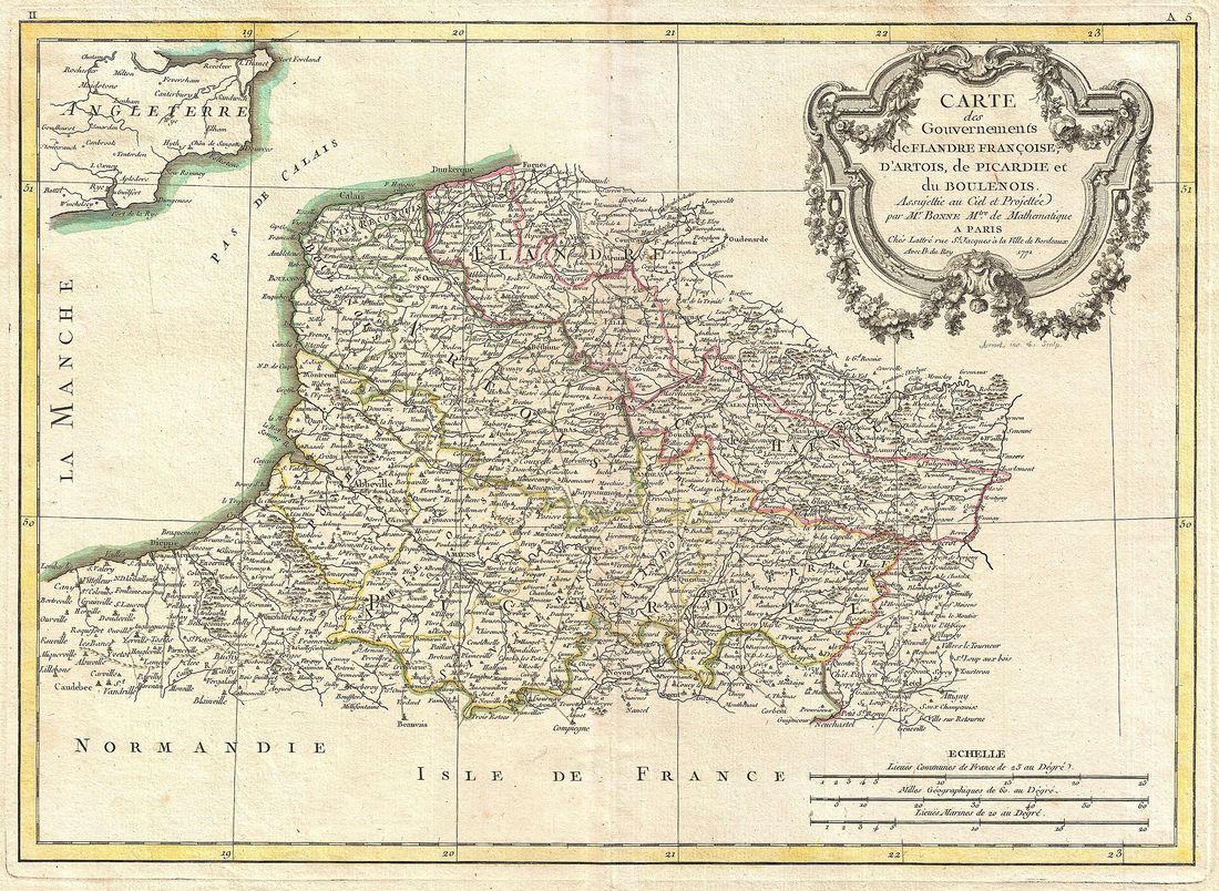 Carte des gouvernements de Flandre françoise, d’Artois, de Picardie et du Boulonnois, gravée par Rigobert Bonne en 1771