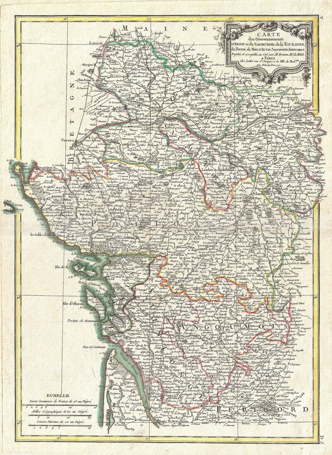 Carte des gouvernements d’Anjou et Saumurois, de la Touraine, du Poitou, du pays d’Aunis, Saintonge et Angoumois, gravée par Rigobert Bonne en 1771