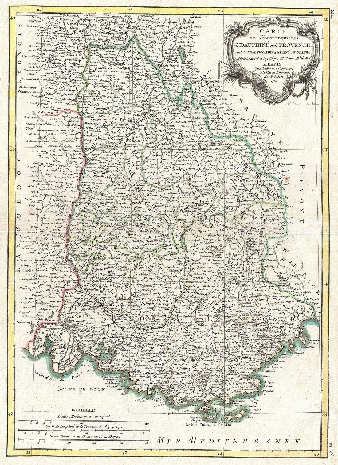 Carte des gouvernements de Dauphiné et de Provence, gravée par Rigobert Bonne en 1771