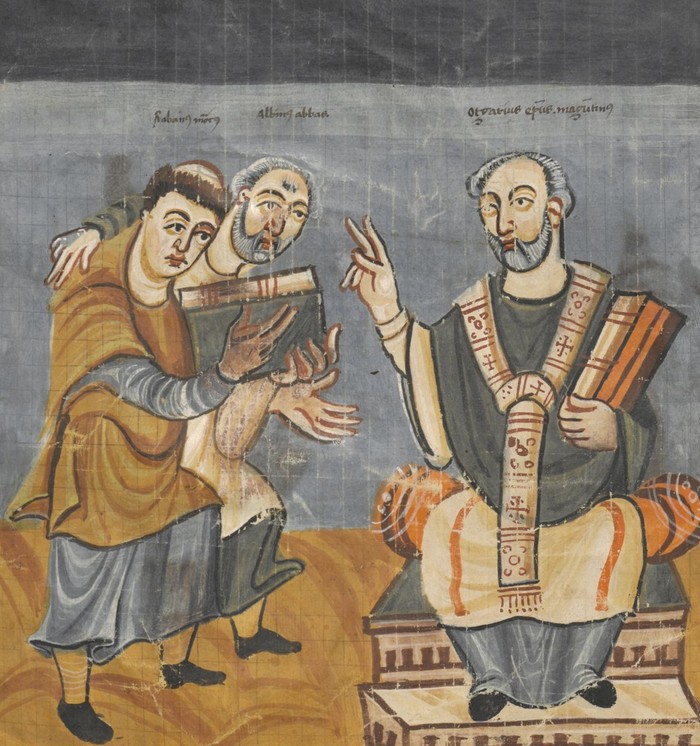Enluminure carolingienne montrant Alcuin présentant à l’archevêque Otgar l’ouvrage de Raban Maur