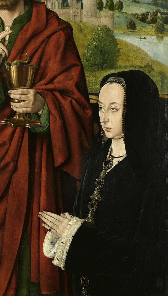 Anne de France agenouillée en prière, en robe et coiffe noires, présentée par saint Jean l'Évangéliste