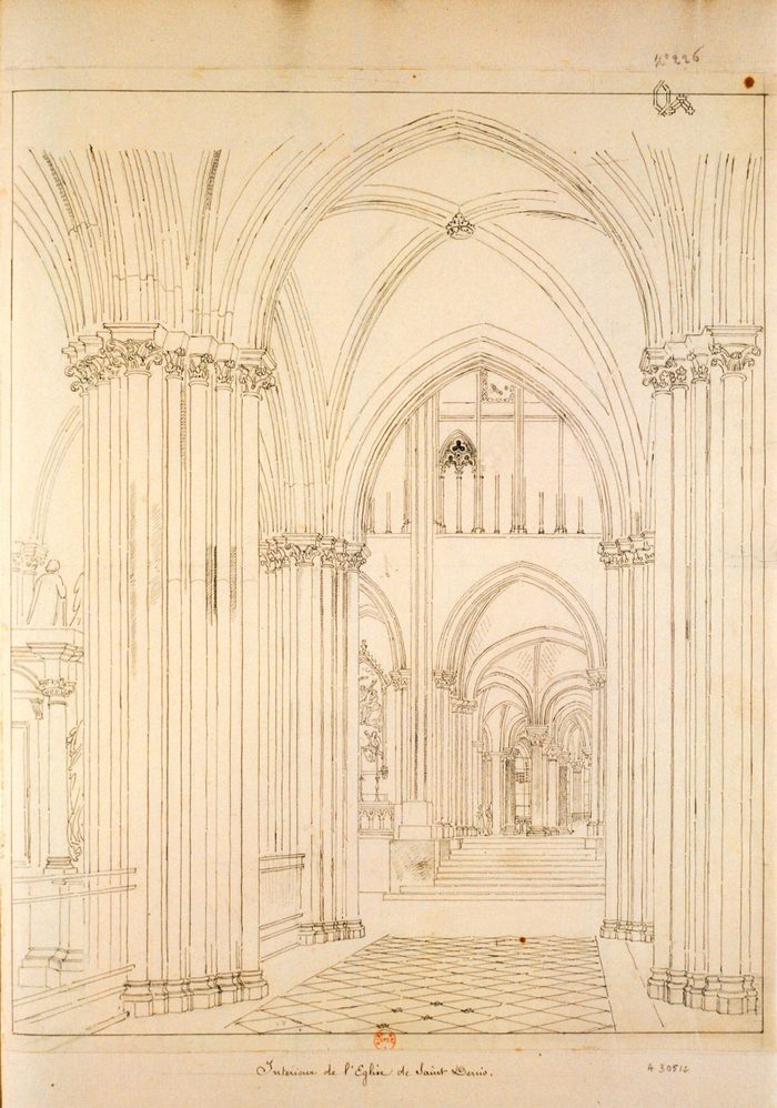 La nef de la basilique Saint-Denis vue vers le chœur, dessin du XIXe siècle