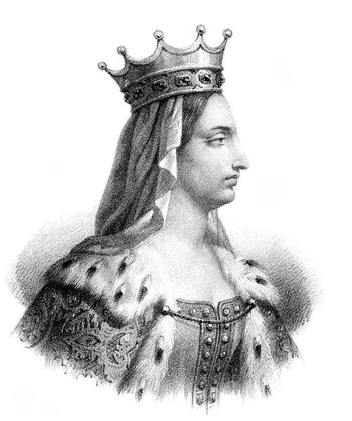 Bertrade de Laon de profil, couronnée, en manteau d’hermine, lithographie du XIXe siècle