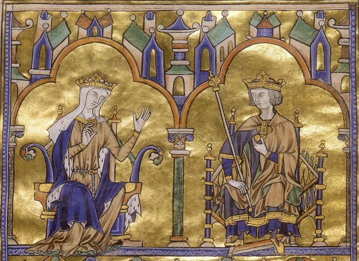 Blanche de Castille et Louis IX trônant côte à côte, enluminure du XIIIe siècle