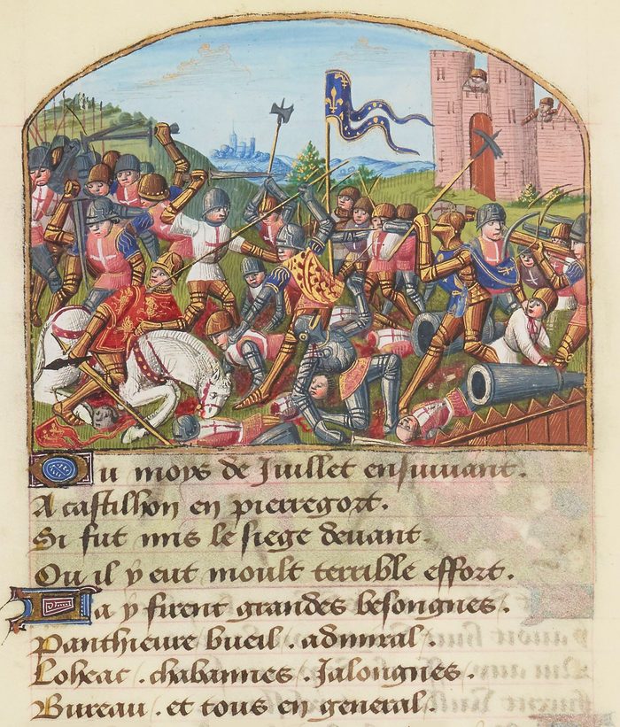 La bataille de Castillon, enluminure du XVe siècle avec son texte en vers