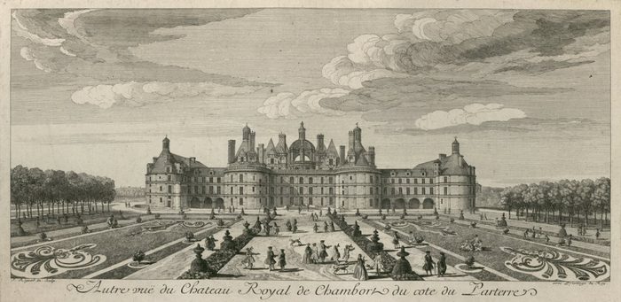 Vue gravée du château de Chambord depuis les parterres, par Jacques Rigaud