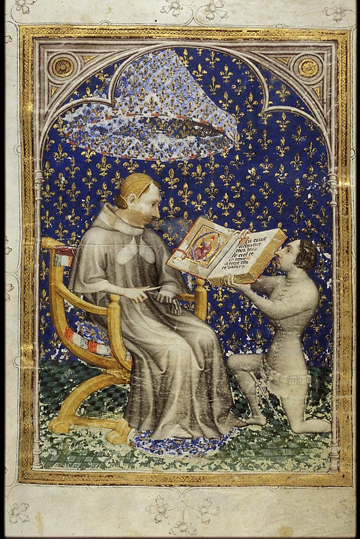 Charles V assis, recevant un livre des mains de Jean de Vaudetar agenouillé