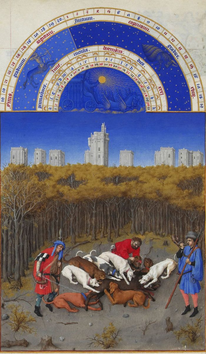 La chasse au sanglier devant le donjon de Vincennes, enluminure des Très Riches Heures