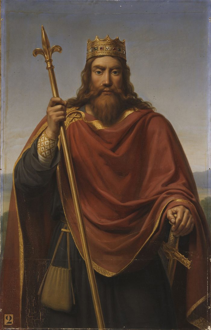 Clovis couronné, tenant une hampe fleurdelisée, par François-Louis Dejuinne