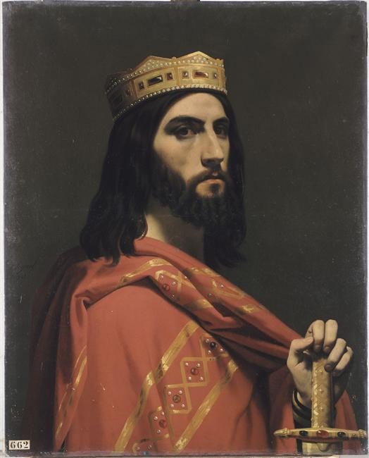 Dagobert Ier couronné, en manteau rouge, la main sur le pommeau de son épée, par Émile Signol