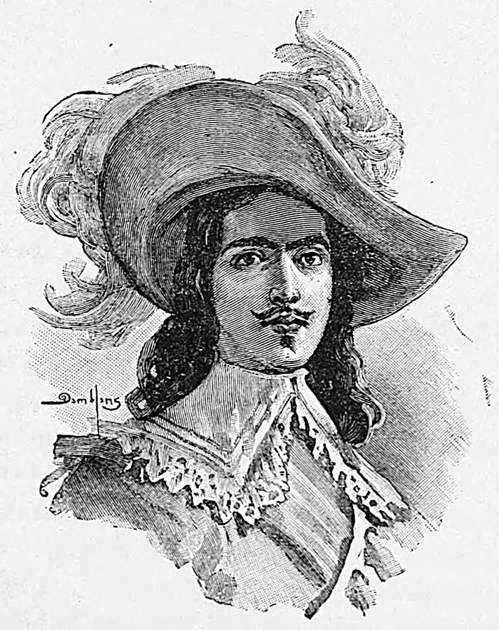 Buste de d’Artagnan coiffé d’un large feutre à plumes, gravure sur bois de 1896