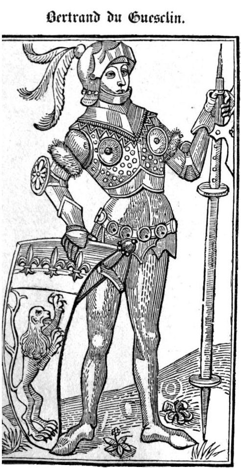 Bertrand du Guesclin en armure, l’épée au poing, gravure sur bois