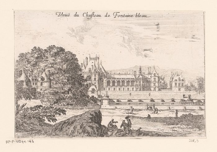 Vue gravée du château de Fontainebleau et de ses jardins