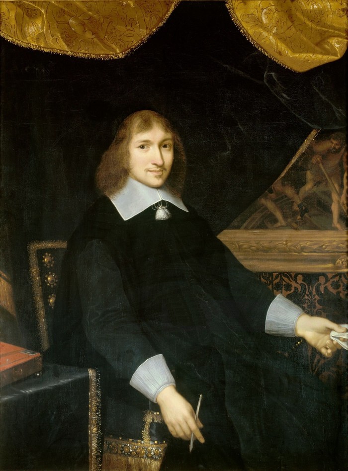 Portrait de Nicolas Fouquet assis, en habit noir à col de dentelle blanc, par Charles Le Brun