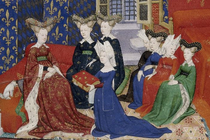 Christine de Pizan agenouillée offrant un livre à la reine Isabeau entourée de ses dames