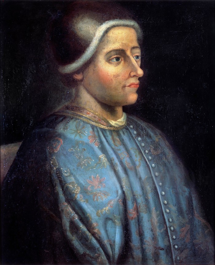 Portrait peint de Jacques Cœur à mi-corps, de trois quarts, en robe bleue brodée et chaperon