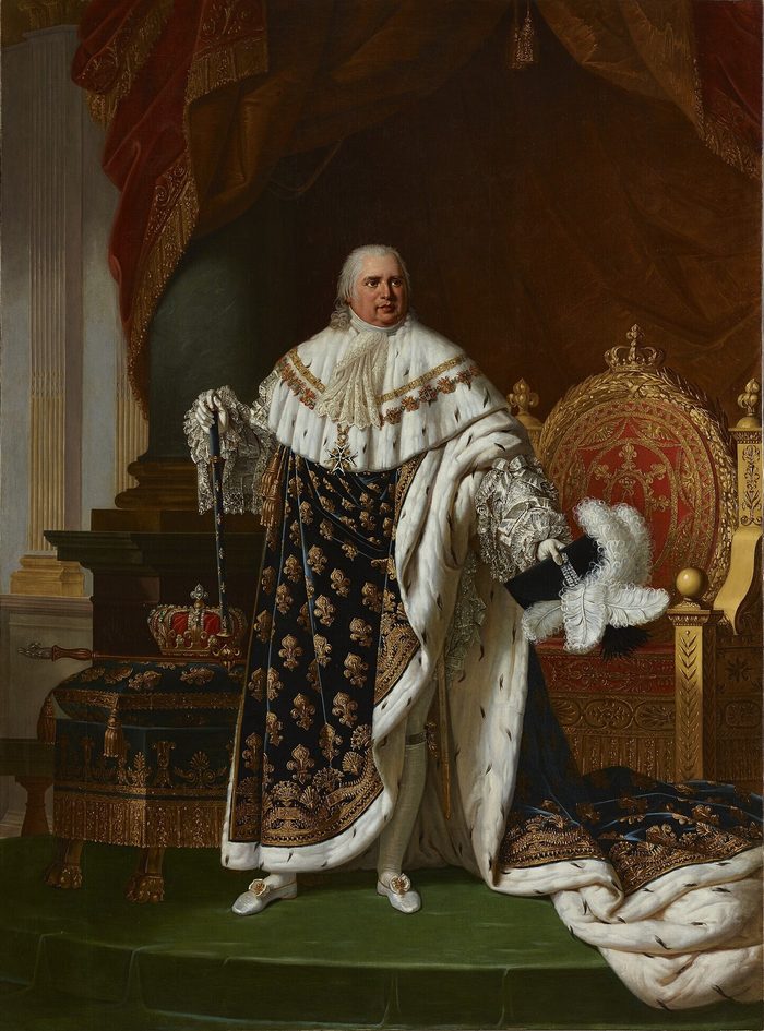 Portrait en pied de Louis XVIII en manteau fleurdelisé, par Robert Lefèvre