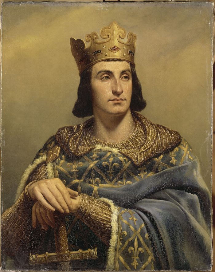 Philippe Auguste couronné, la main sur son épée, par Louis-Félix Amiel
