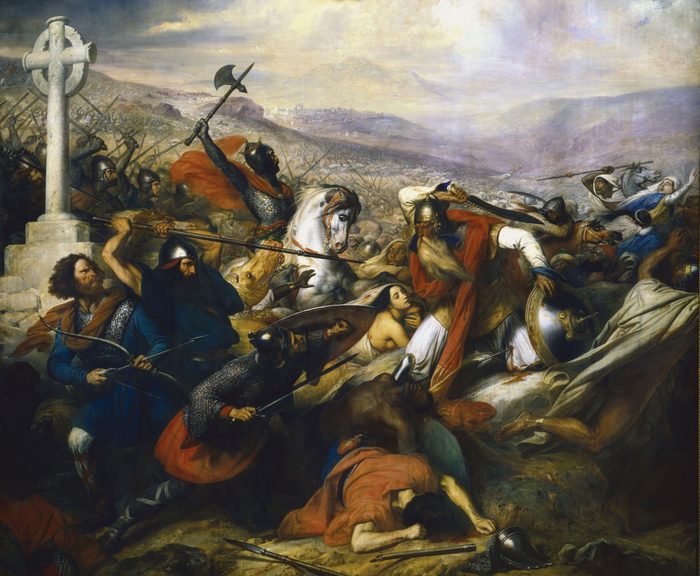 Charles Martel à cheval affrontant la cavalerie arabe à Poitiers, par Charles de Steuben