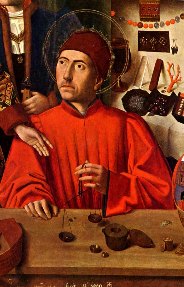 Un orfèvre nimbé, en robe rouge, pesant de l’or à la balance dans sa boutique, peinture de Petrus Christus