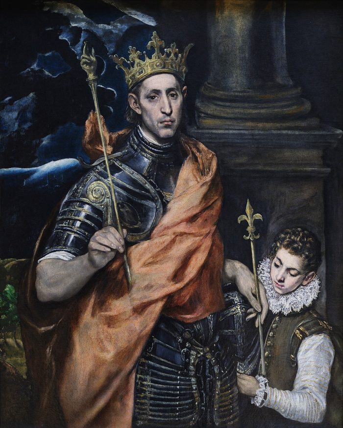 Saint Louis en armure, couronné, avec un page, par Le Greco