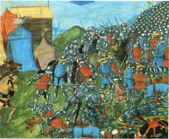 Clovis frappant Alaric II devant une ville fortifiée, enluminure médiévale